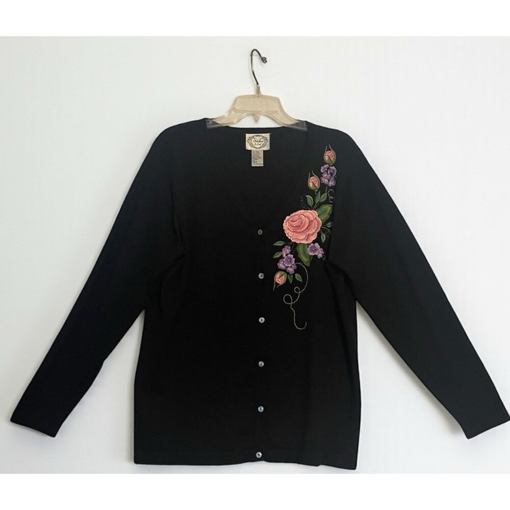 VTG Stitches In Time Sweater Cardigan Black Floral Cottagecore Grandmacore Sz L
